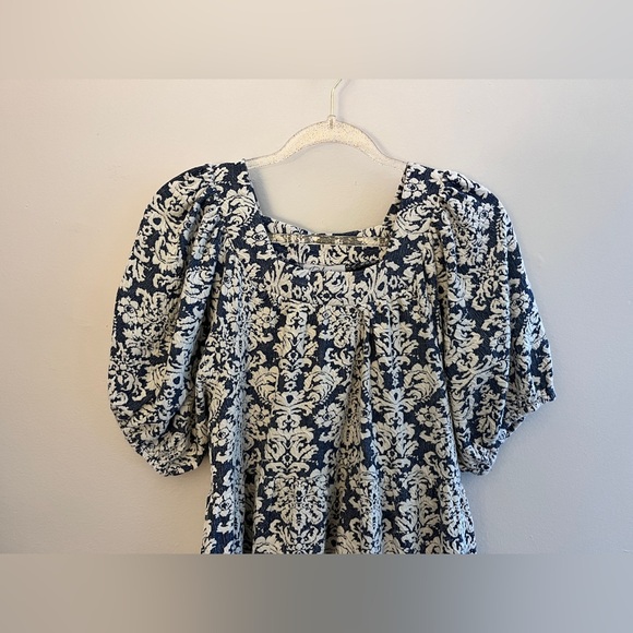 POLAGRAM Blue And White Jacquard Puff Sleeve Midi Dress - Picture 5 of 7